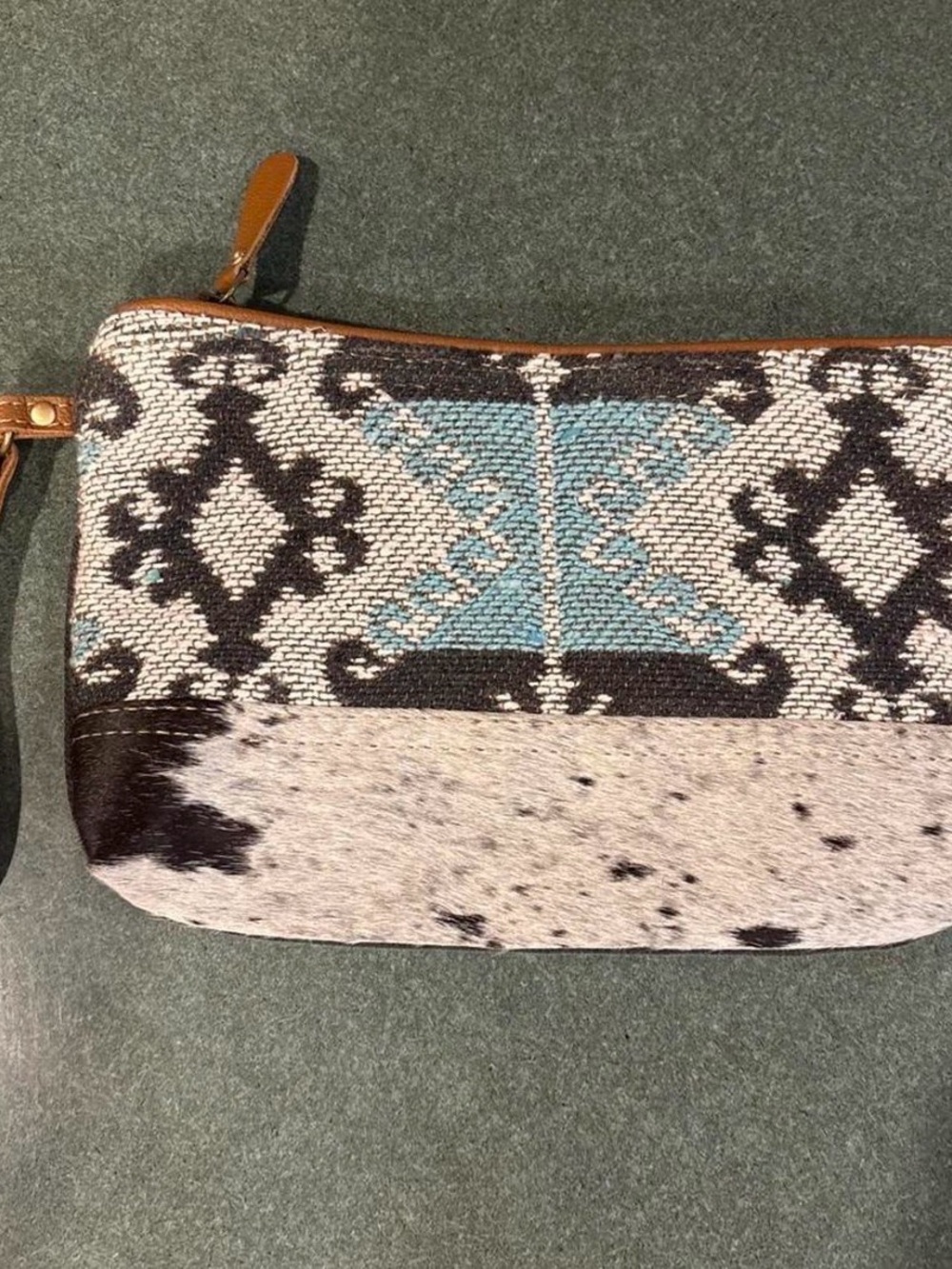 Myra Bag Black, White & Blue Aztec Cowhide Wristlet Clutch